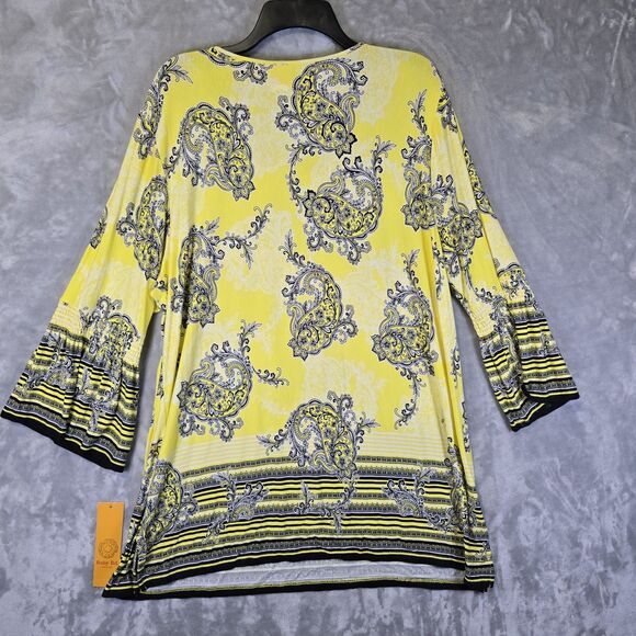 NWT Ruby Rd Blouse Top XL Yellow Black Paisley 3/4 Flutter Bell Sleeve - Picture 5 of 8
